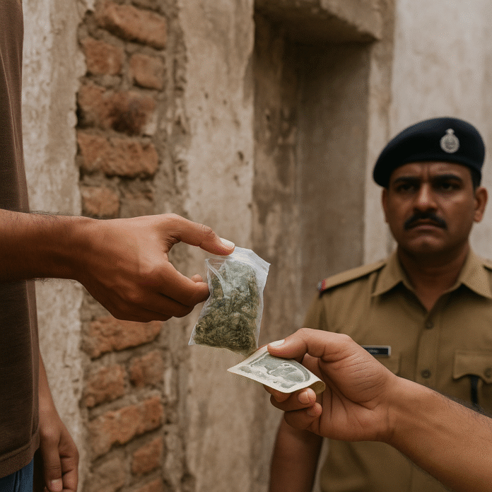 मऊगंज के मुडहान बस्ती में खुलेआम गांजा बिक्री करते लोग, पीछे एक मूक पुलिसकर्मी खड़ा है