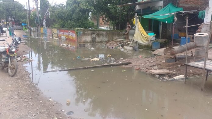 मऊगंज शहर की सड़क पर भारी जलभराव, कचरे से अटी पड़ी गलियाँ, प्रशासनिक लापरवाही का दृश्य
