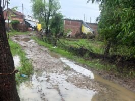 कीचड़ और पानी से लबालब भरी टूटी हुई सड़क, जिसके दोनों ओर कच्चे घर और खेत हैं।